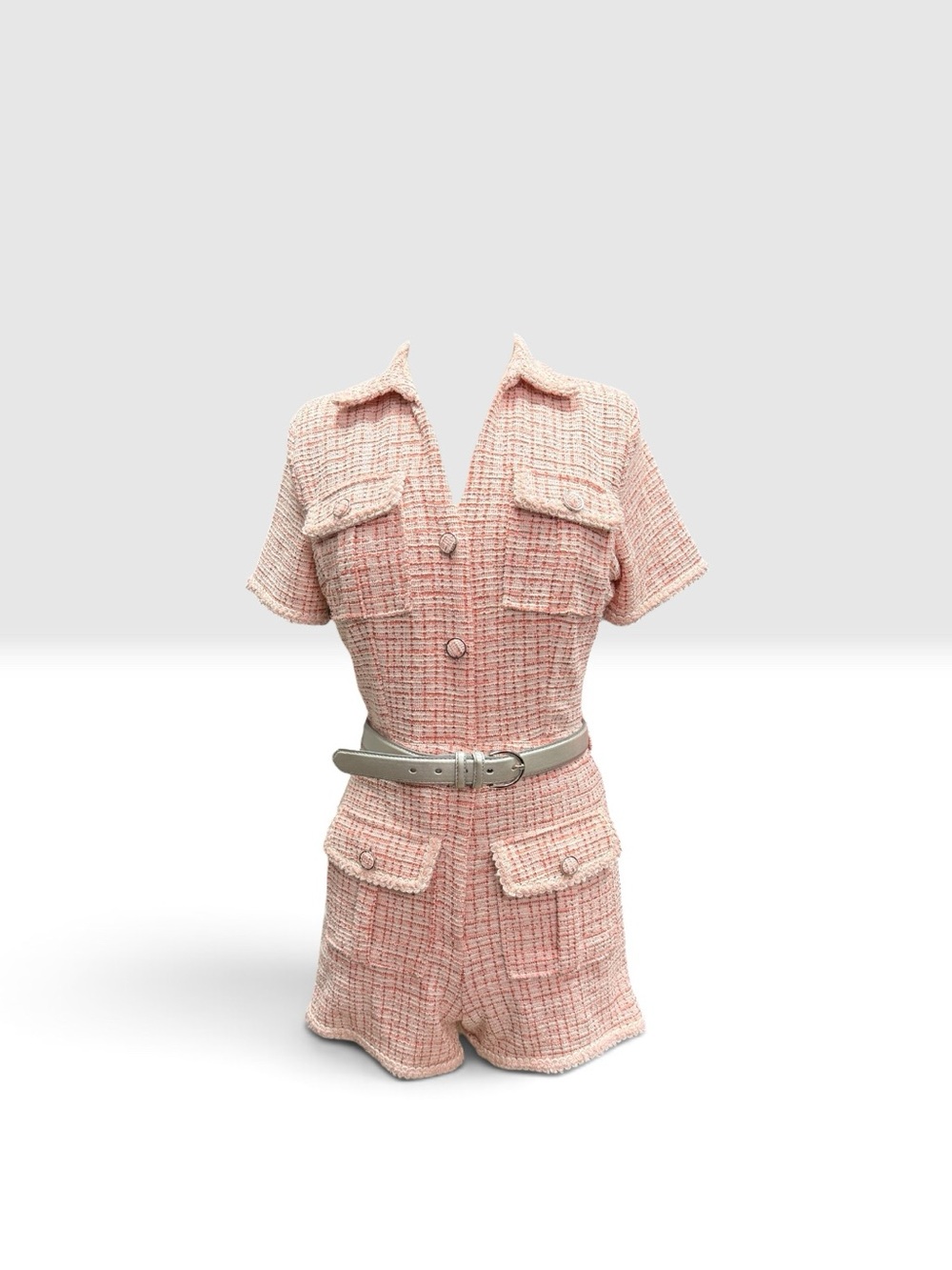 Vintage Fashion Nova Blush Pink Tweed Short Sleeve Romper with Belt - Picture 2 of 3